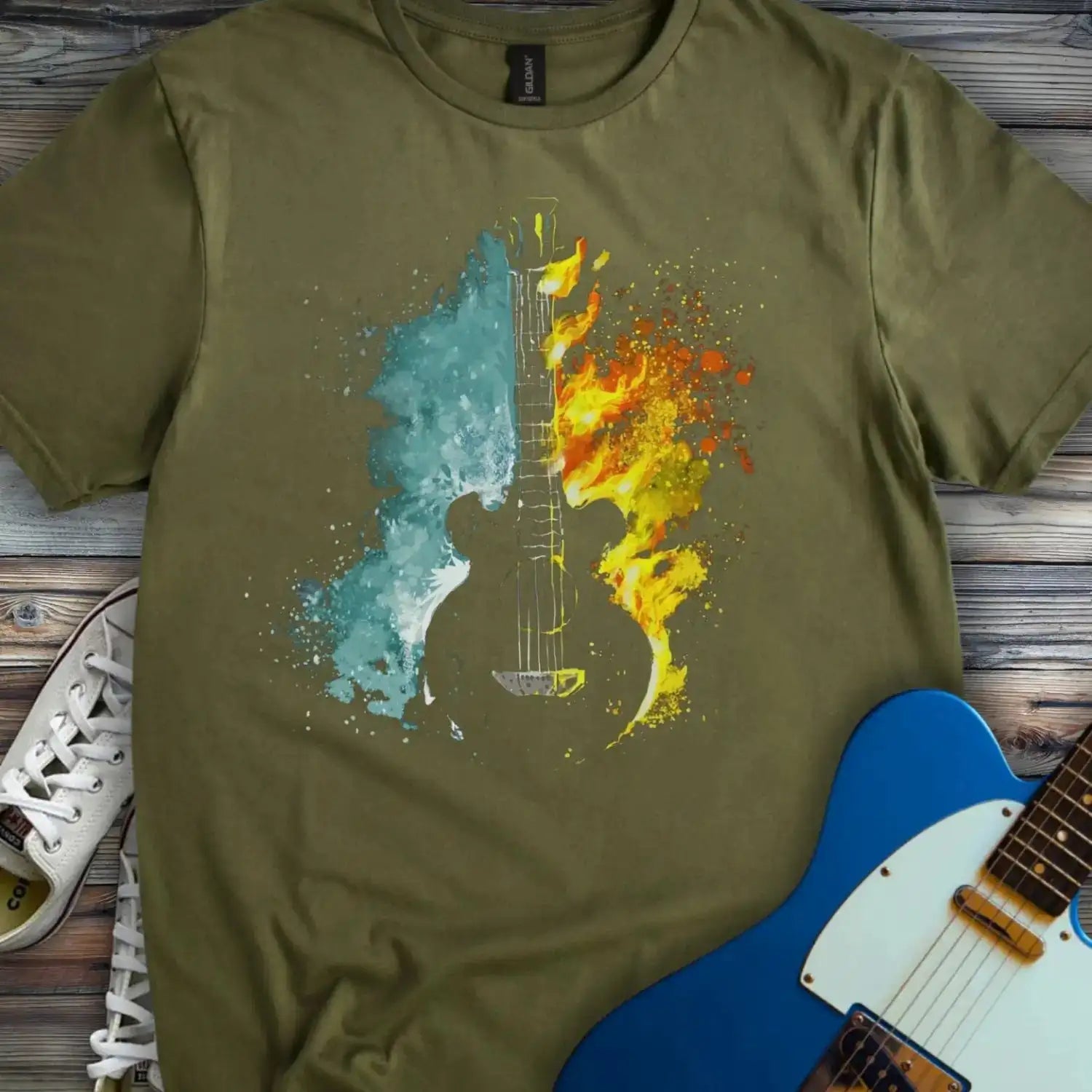 Fire and Water Guitar T-shirt Military Green