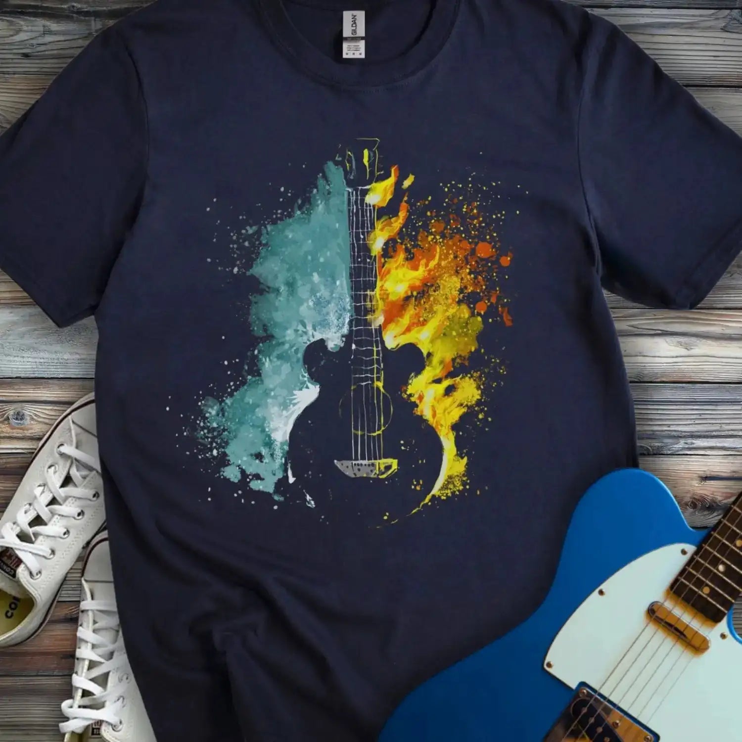 Fire and Water Guitar T-shirt Navy