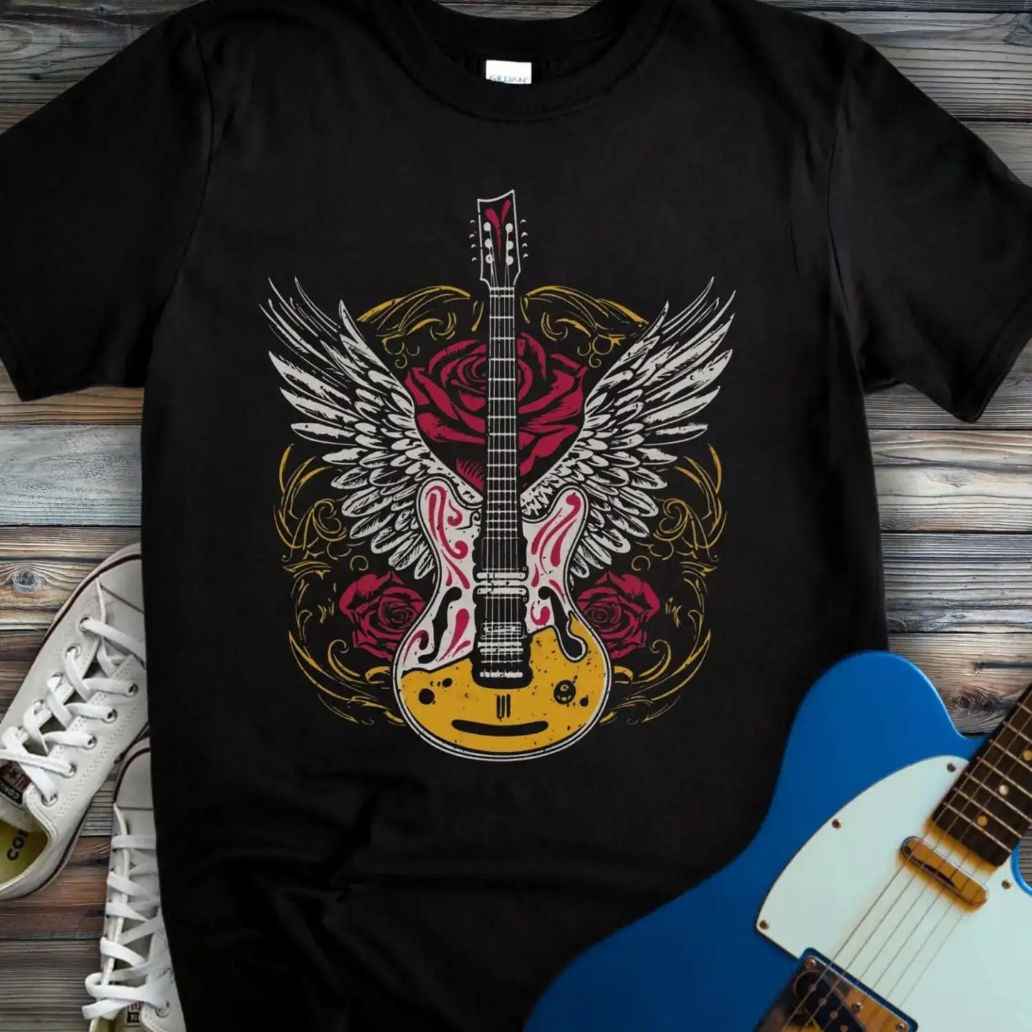 Gold Guitar With Wings T-shirt Black