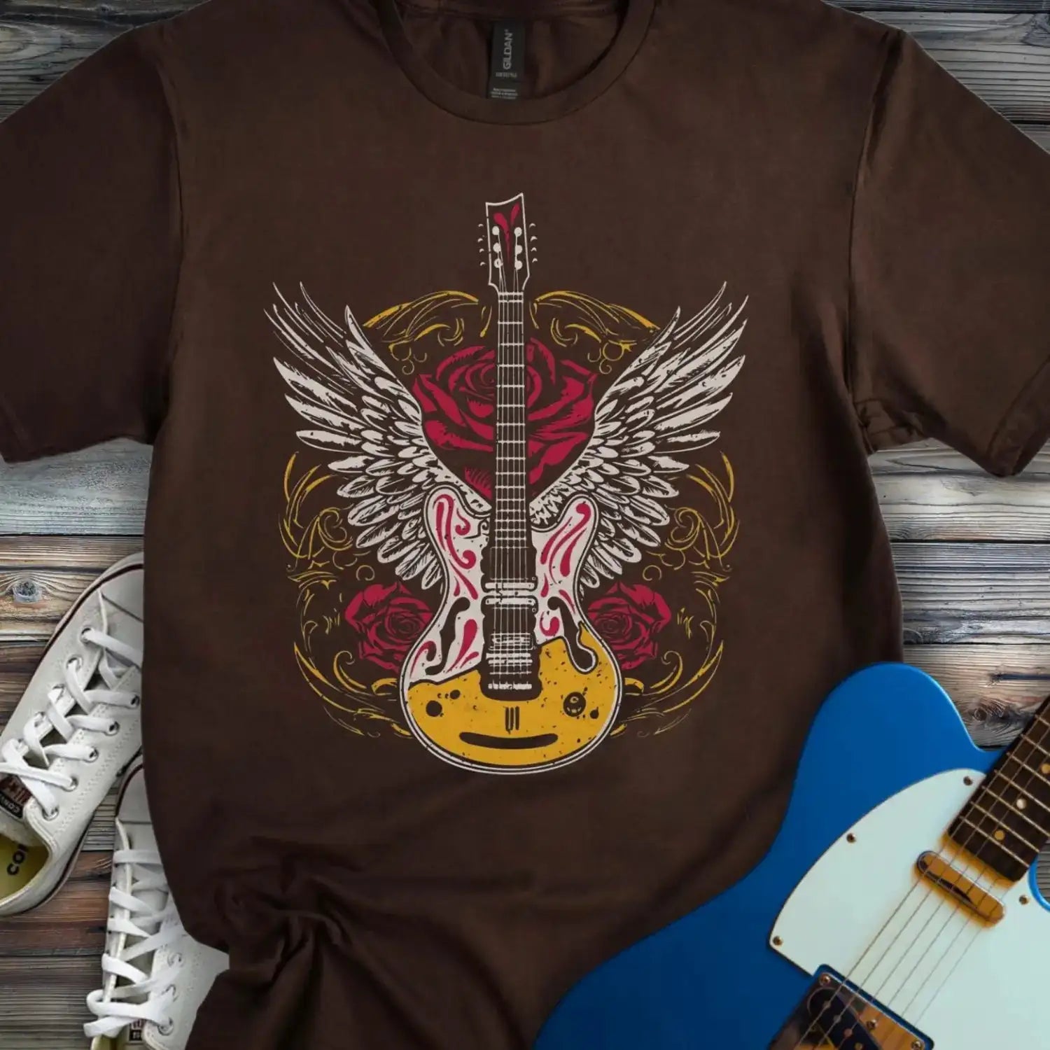 Gold Guitar With Wings T-shirt Dark Chocolate