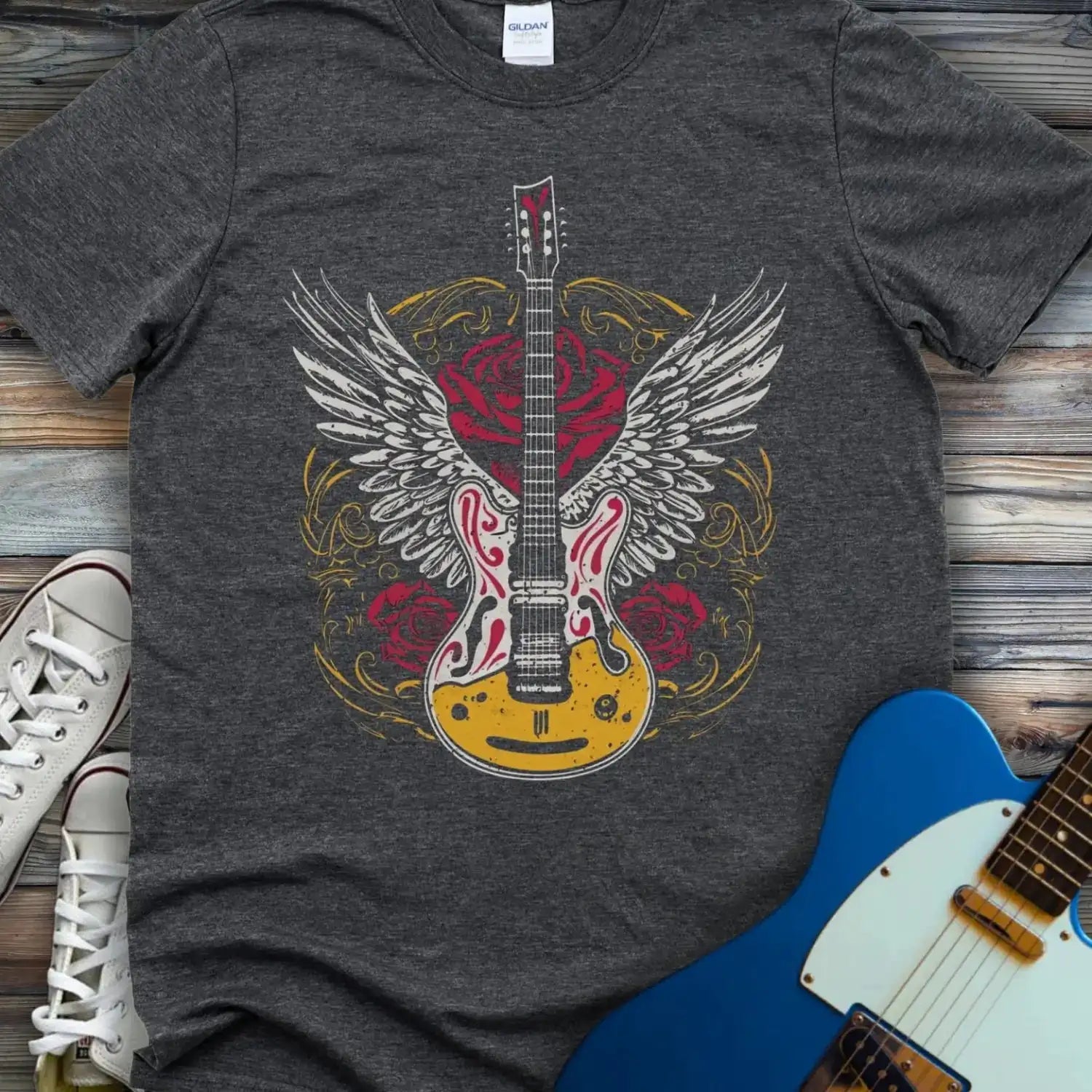 Gold Guitar With Wings T-shirt Dark Heather Grey