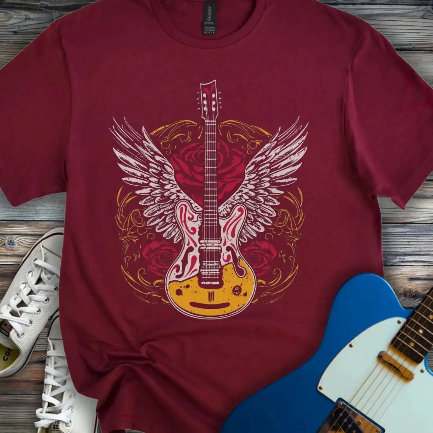 Gold Guitar With Wings T-shirt Maroon