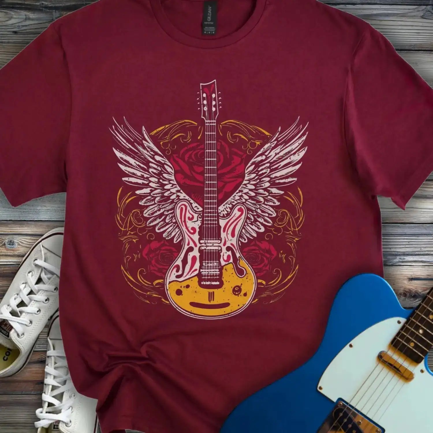 Gold Guitar With Wings T-shirt Maroon