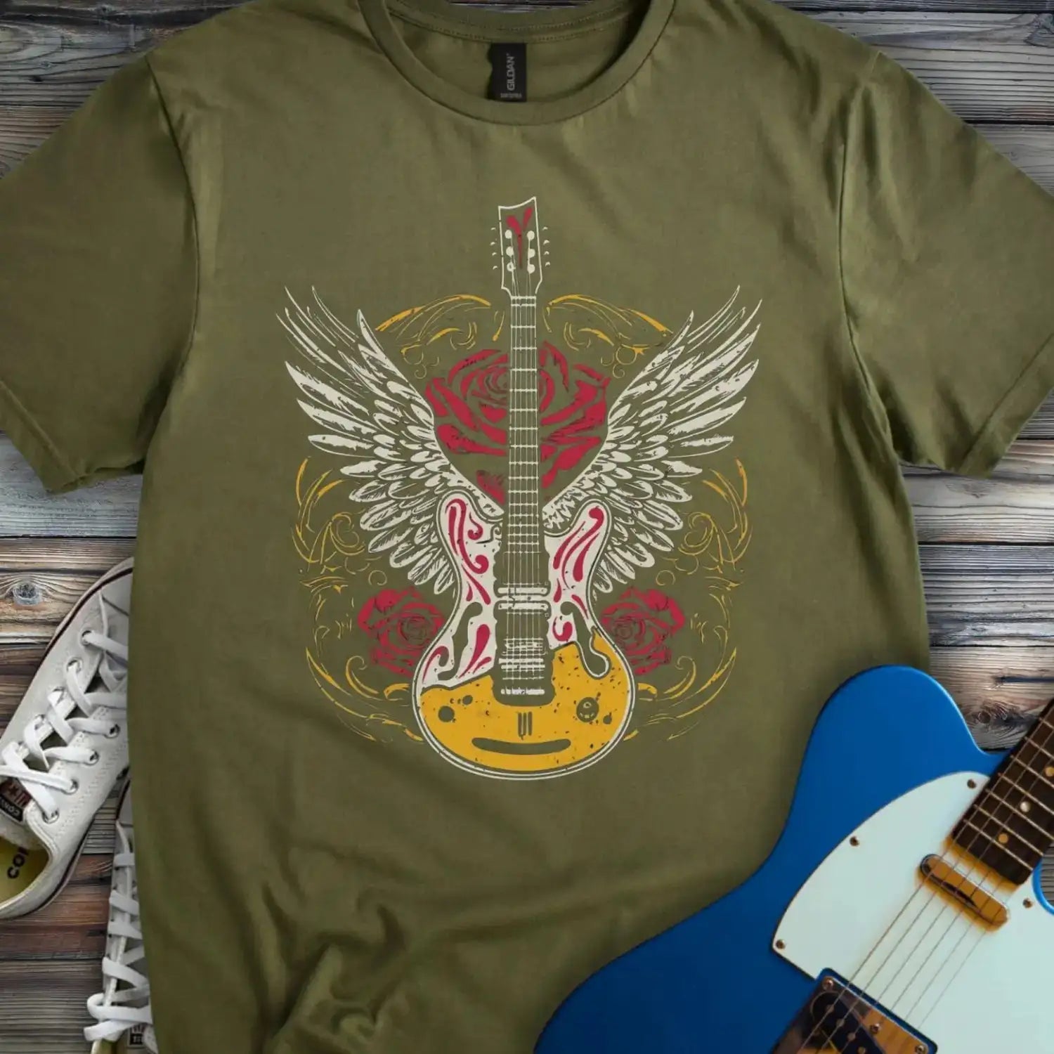 Gold Guitar With Wings T-shirt Military Green