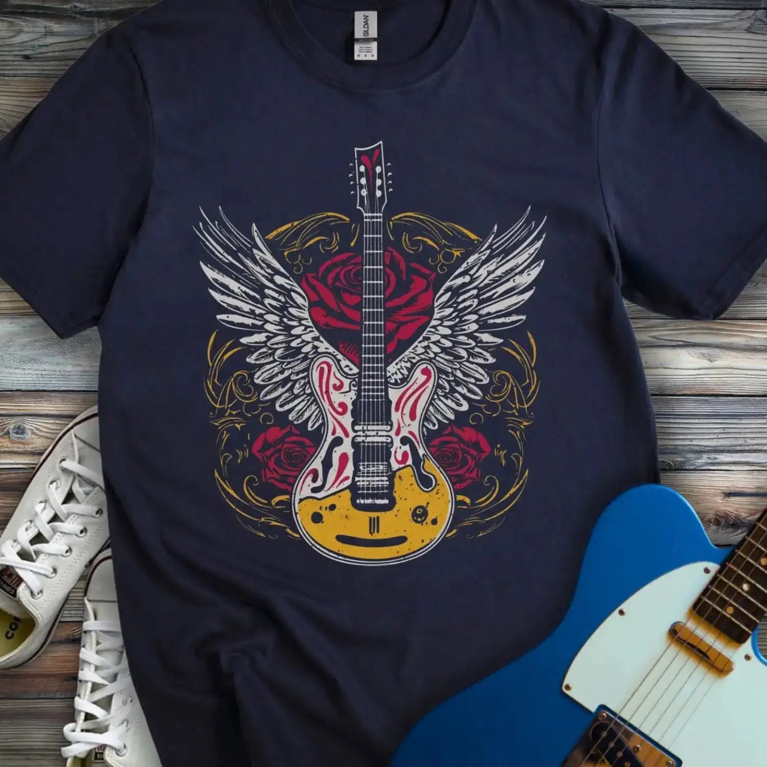 Gold Guitar With Wings T-shirt Navy