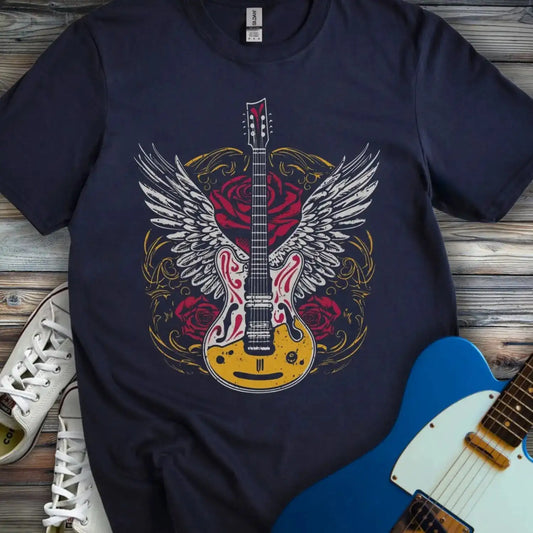 Gold Guitar With Wings T-shirt Navy