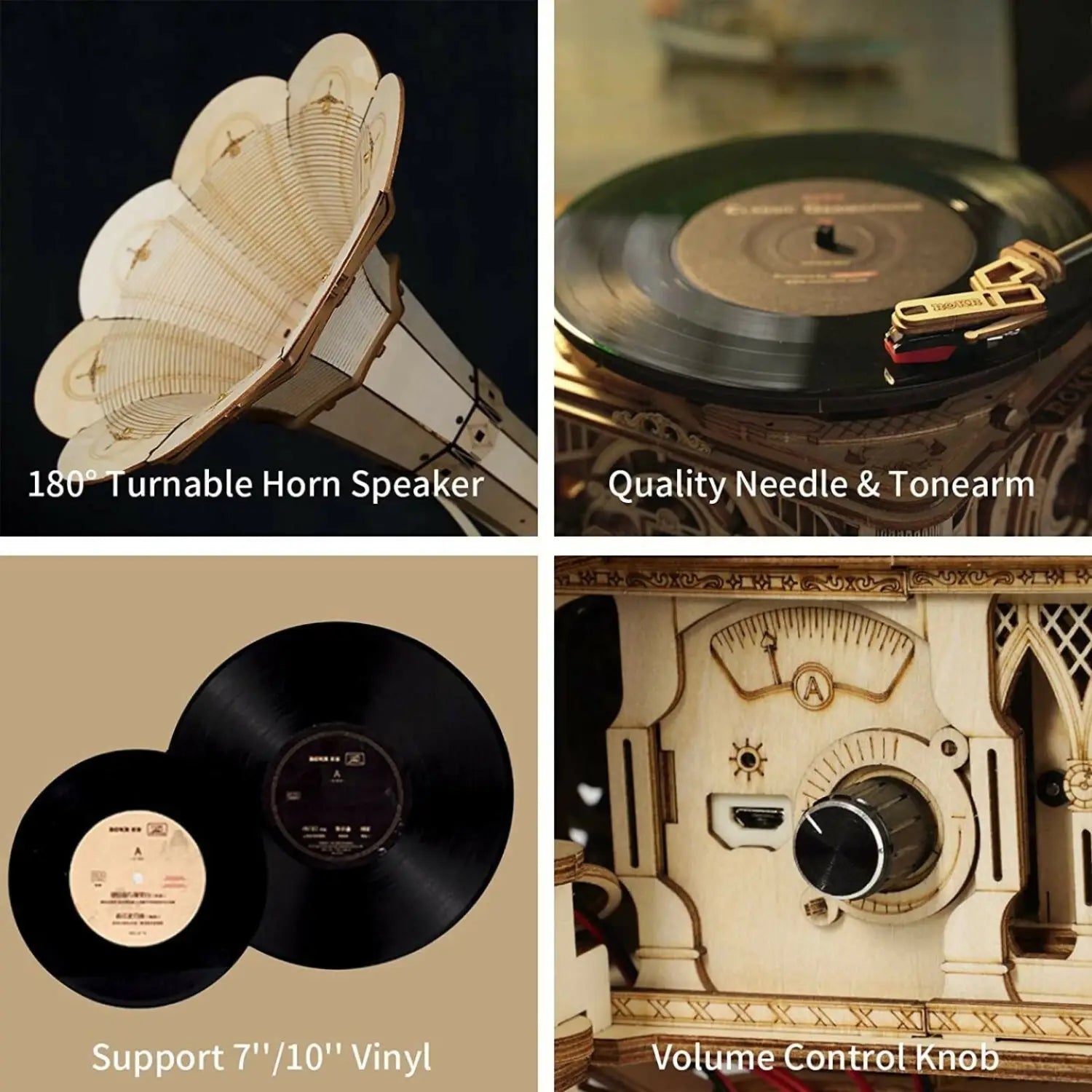 A wooden mechanical gramophone model with a horn speaker, a tonearm, and a volume control knob, capable of playing 7’’ and 10’’ vinyl records.
