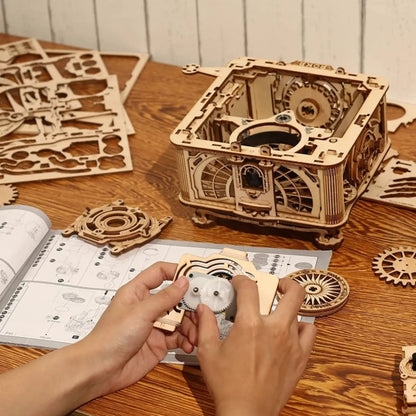 A wooden mechanical 3D puzzle in the process of being assembled.