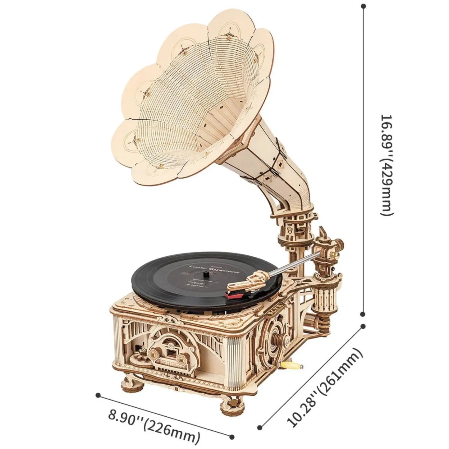 A wooden gramophone model kit with a working turntable.