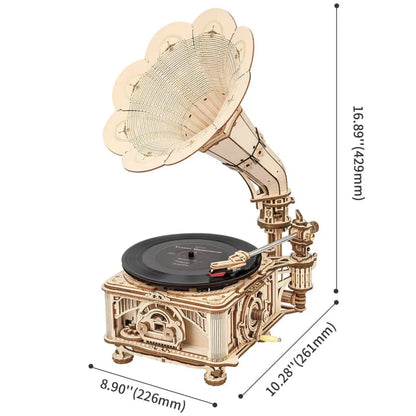 A wooden gramophone model kit with a working turntable.