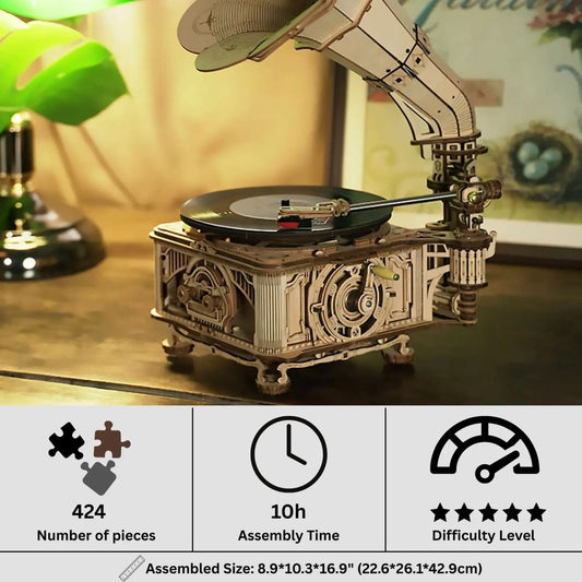 A wooden, self-assembly model of a vintage gramophone, with 424 pieces, an estimated 10-hour assembly time, and a five-star difficulty level, measuring 8.9’’x10.3’’x16.9’’ (22.6x26.1x42.9cm) when assembled.