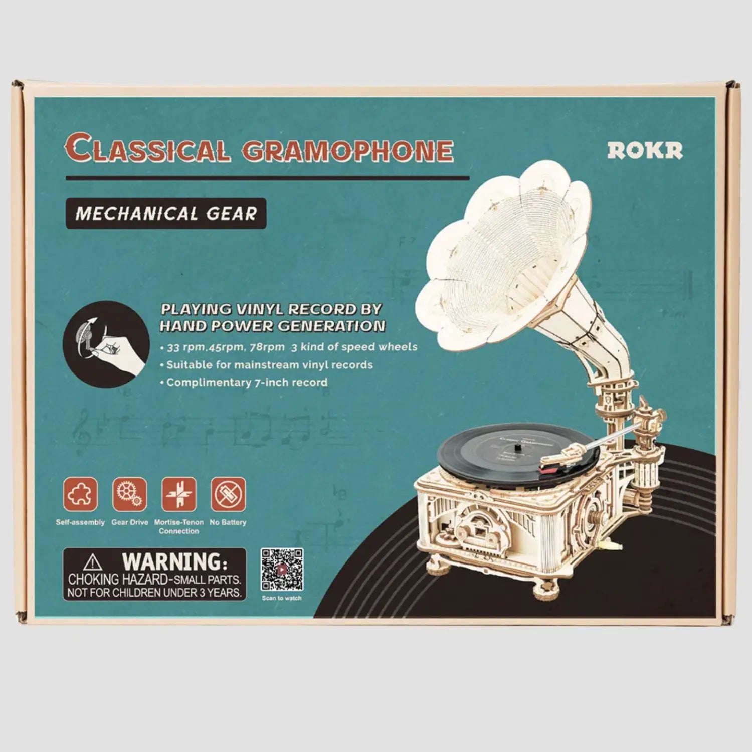 A ROKR Classical Gramophone mechanical gear model kit that plays vinyl records by hand power generation, suitable for mainstream vinyl records, including a complimentary 7-inch record.