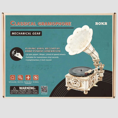 A ROKR Classical Gramophone mechanical gear model kit that plays vinyl records by hand power generation, suitable for mainstream vinyl records, including a complimentary 7-inch record.