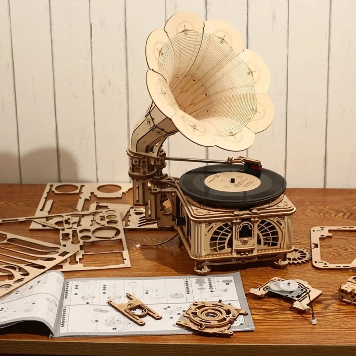 Wooden self-assembly gramophone model kit.