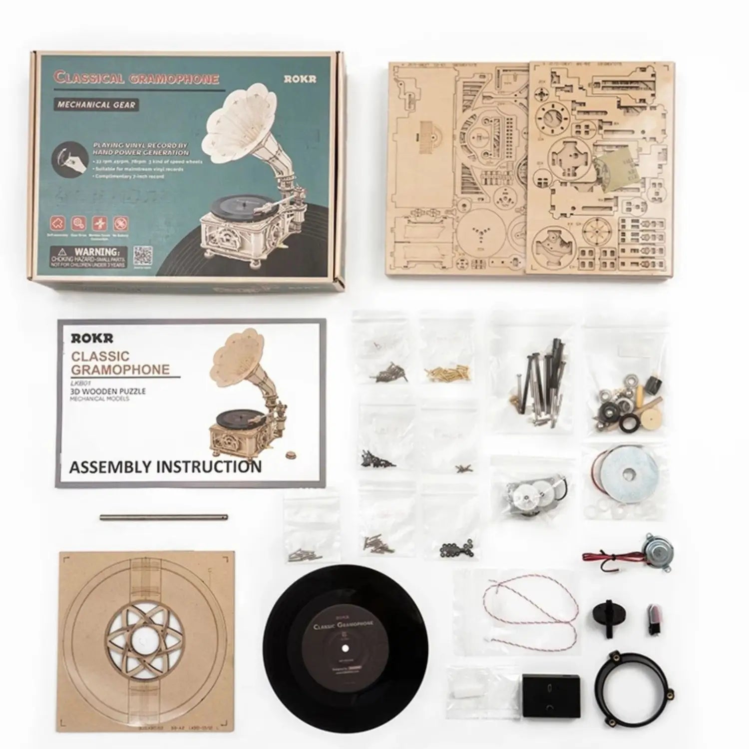 A DIY wooden puzzle kit for a classic gramophone.