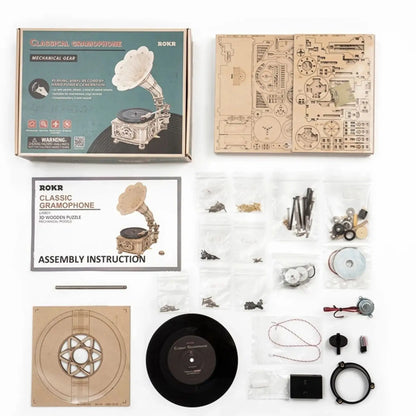 A DIY wooden puzzle kit for a classic gramophone.