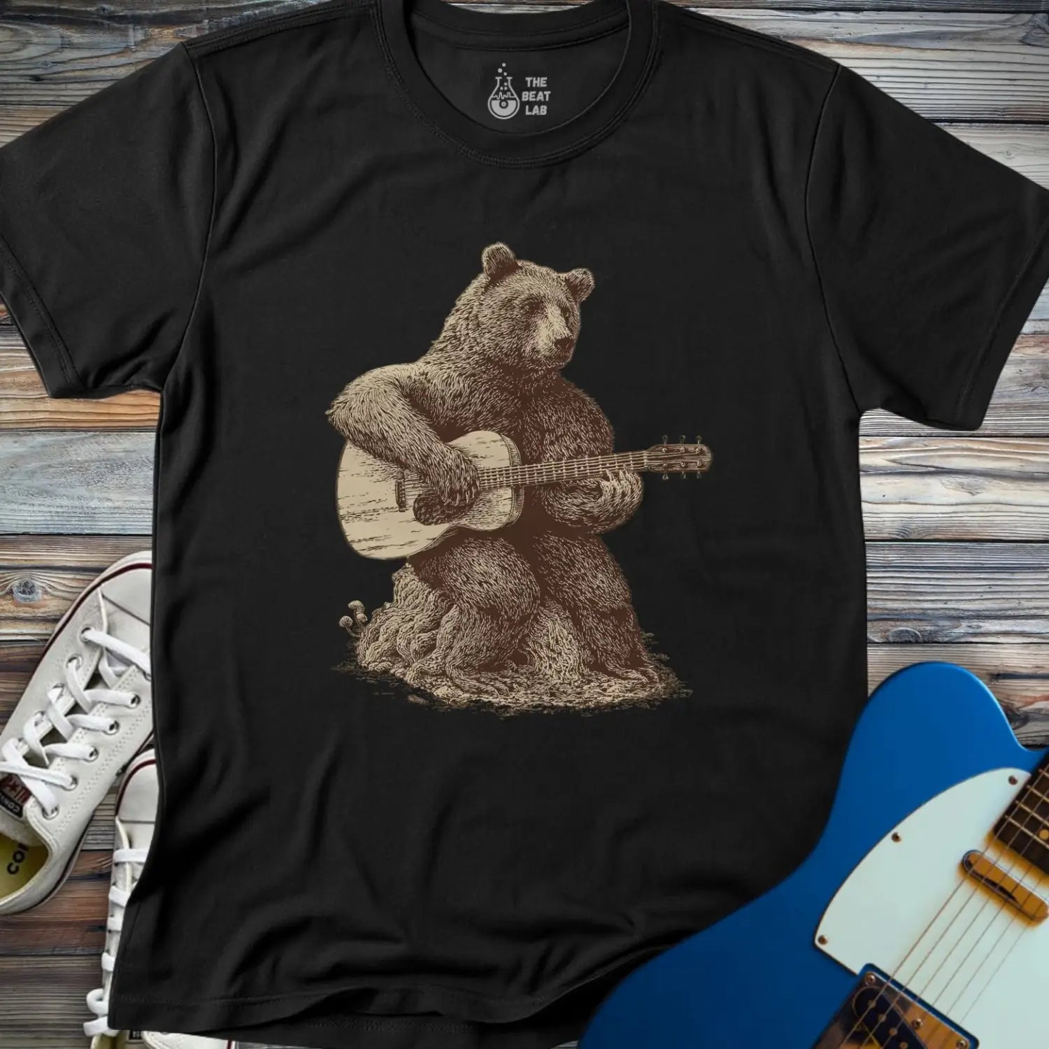 Guitar Bear T-shirt - Black / S - T-Shirt