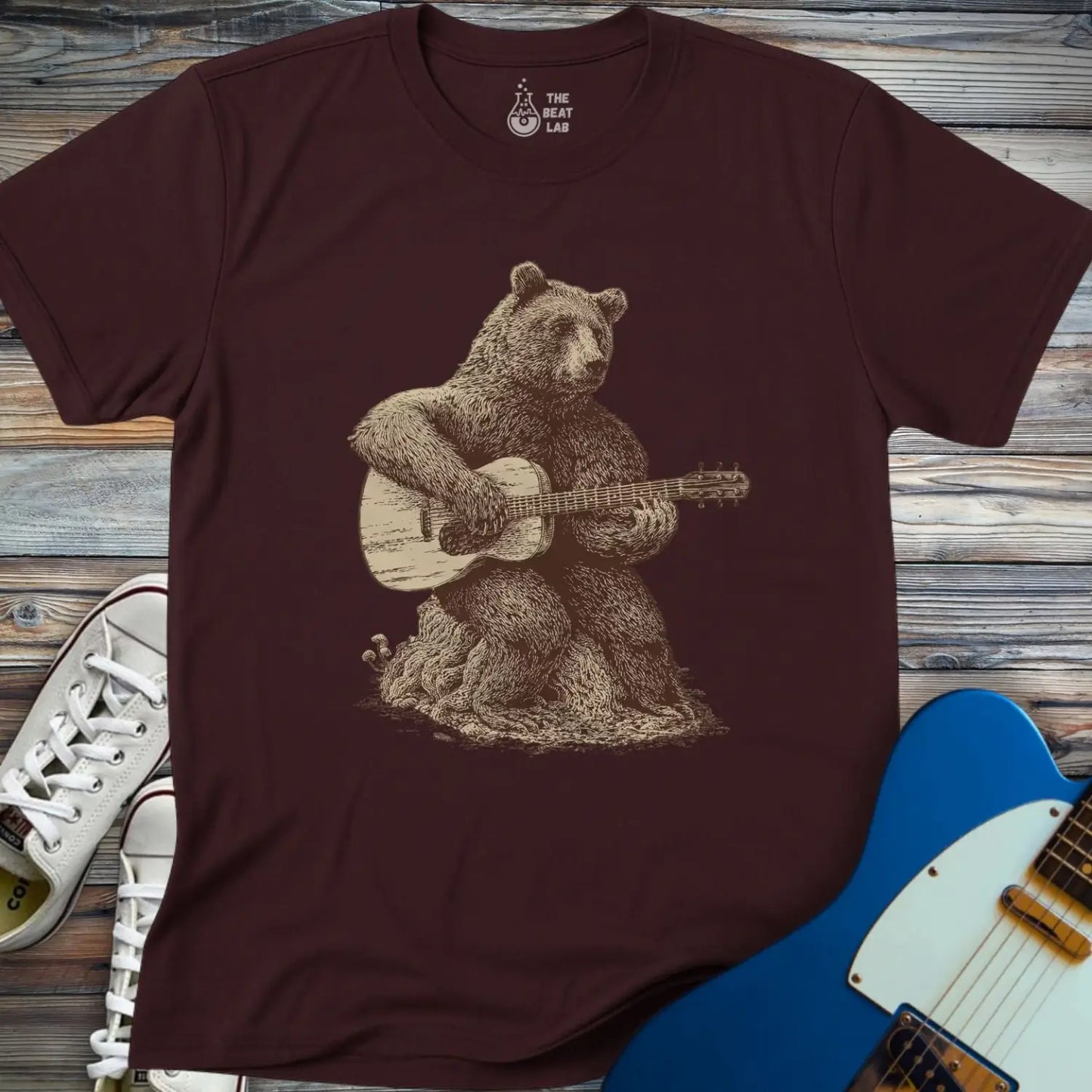 Guitar Bear T-shirt - Dark Chocolate / S - T-Shirt