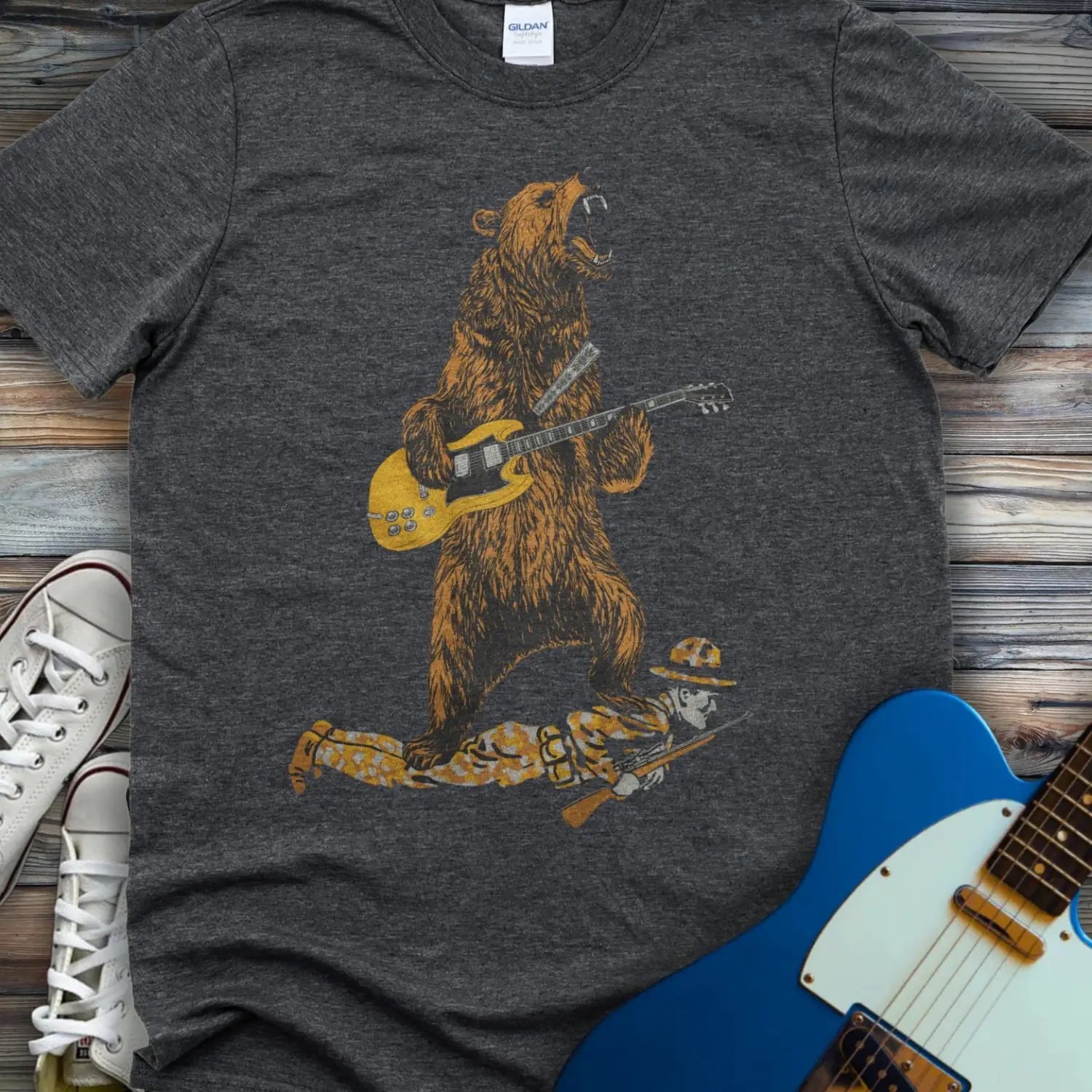 Guitar Bear T-Shirt - Dark Heather Grey / S - T-Shirt