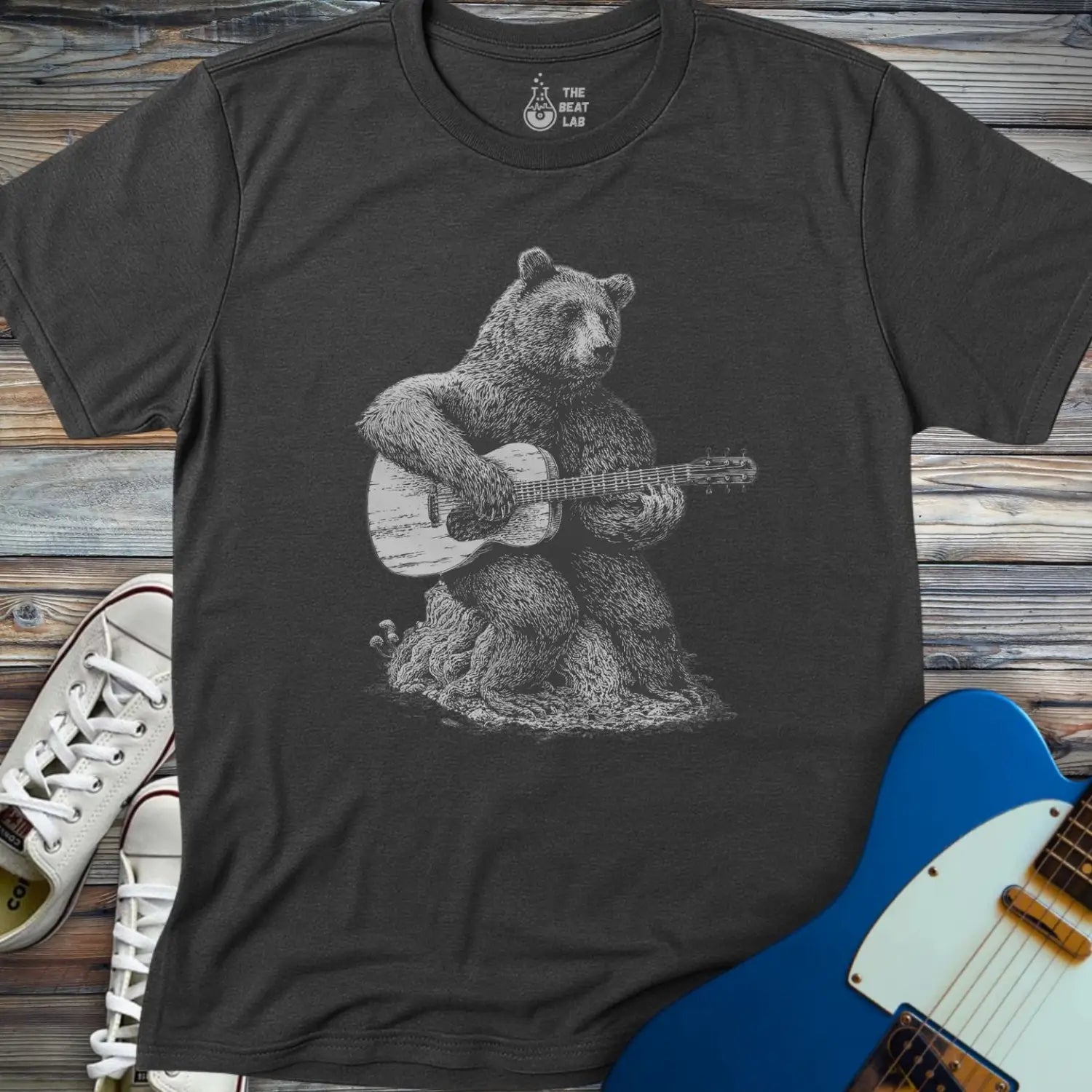 Guitar Bear T-shirt - Dark Heather Grey / S - T-Shirt