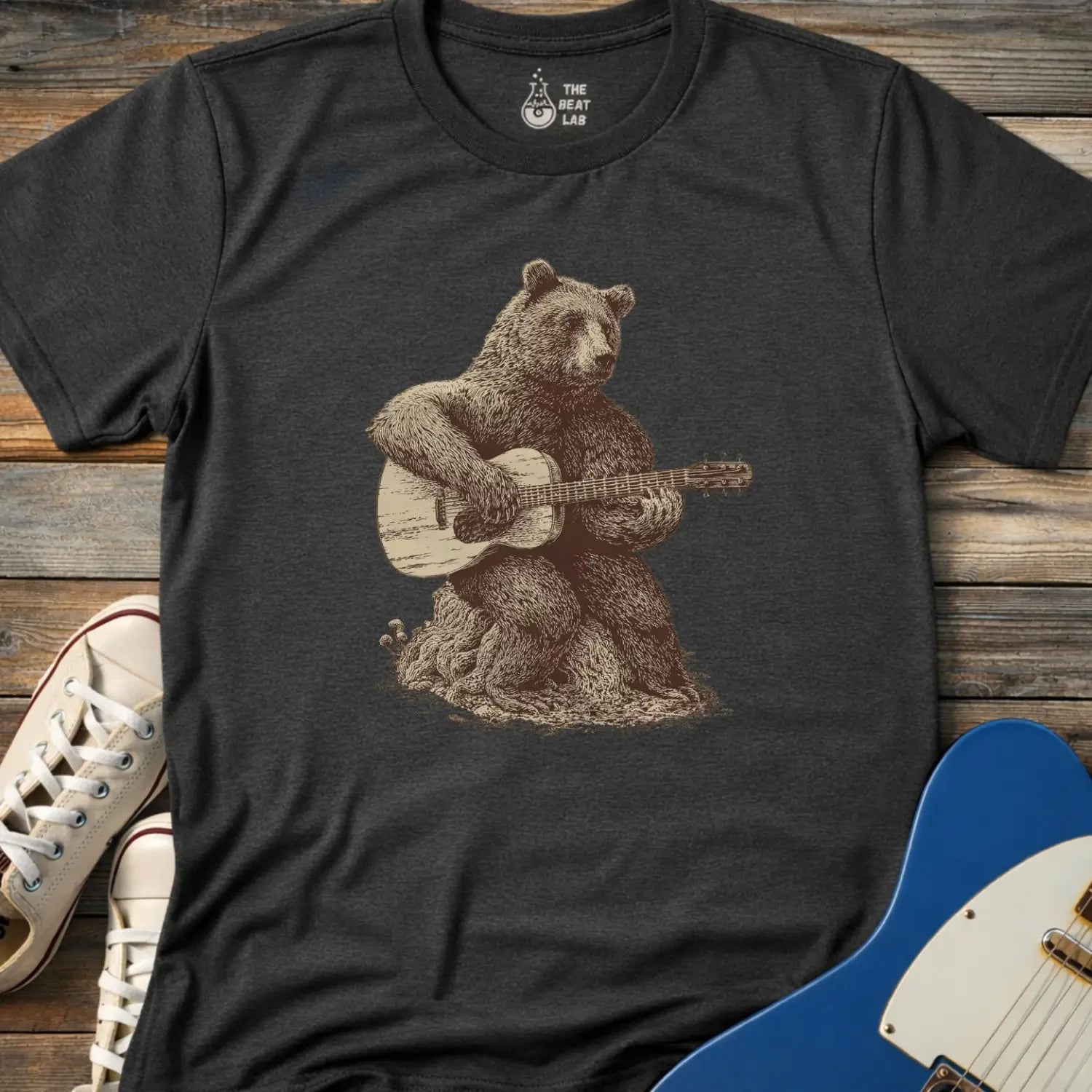 Guitar Bear T-shirt - Dark Heather Grey / S - T-Shirt