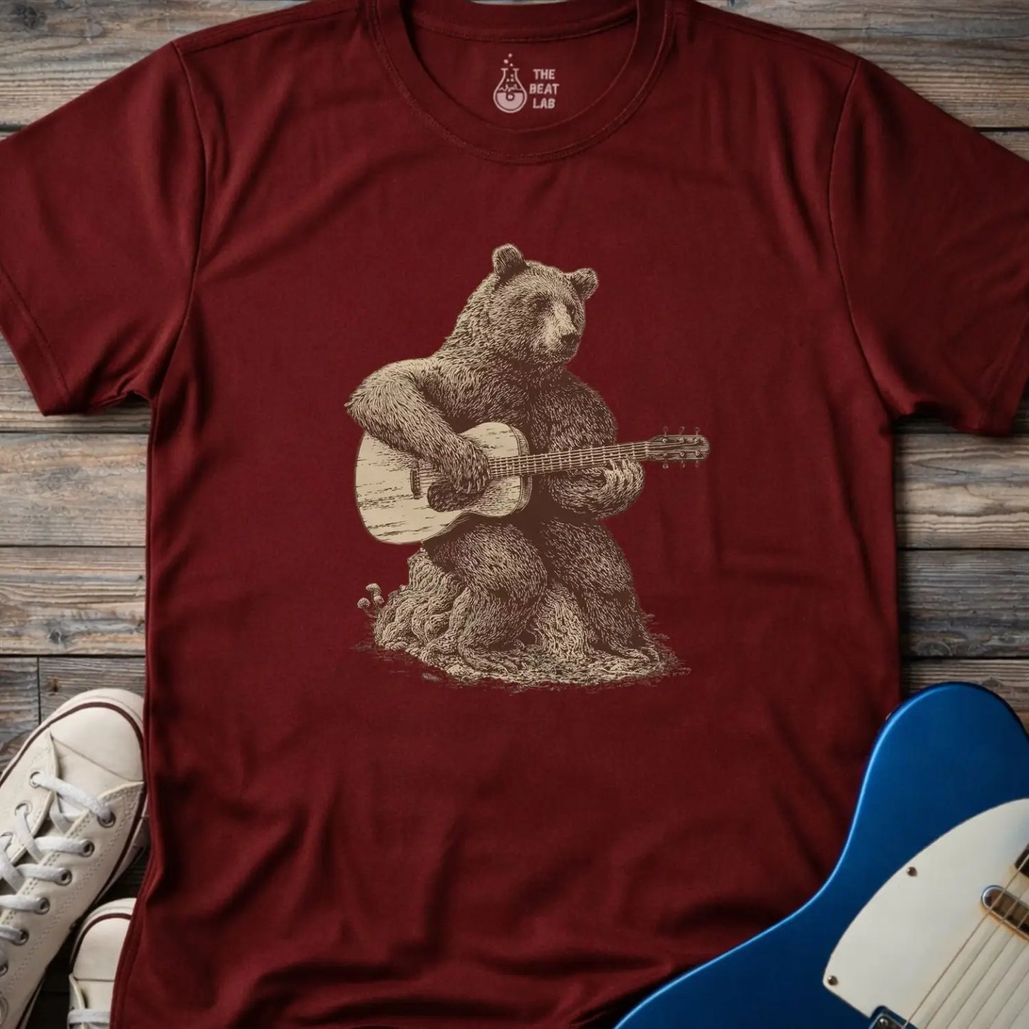 Guitar Bear T-shirt - Maroon / S - T-Shirt