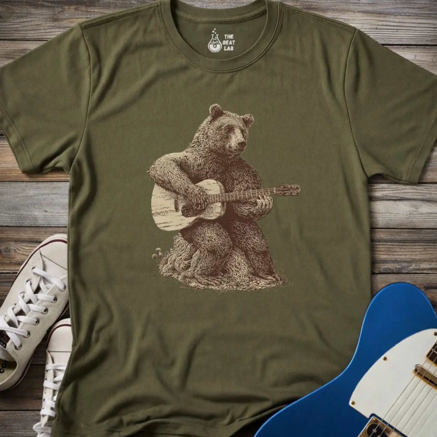 Guitar Bear T-shirt - Military Green / S - T-Shirt