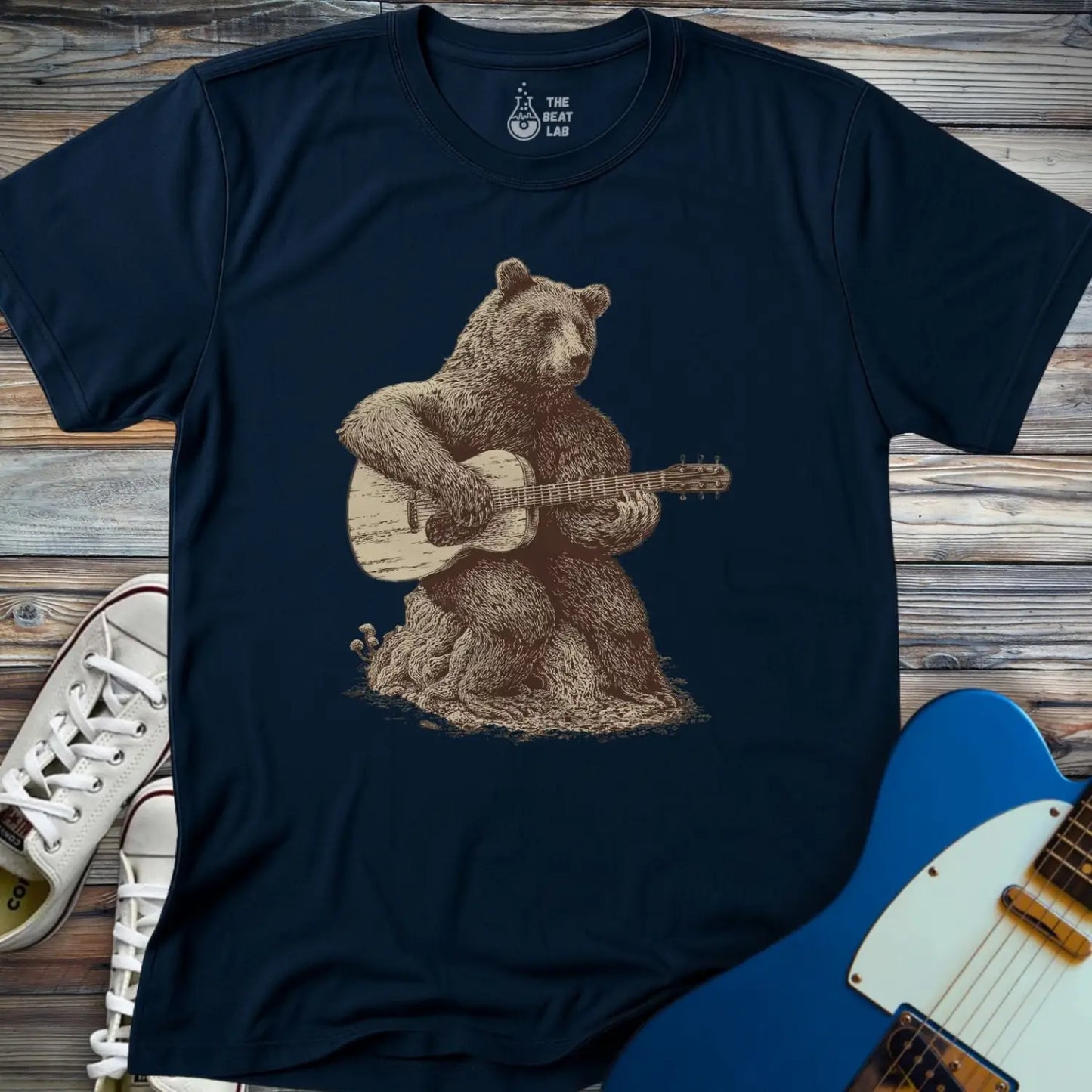 Guitar Bear T-shirt - Navy / S - T-Shirt