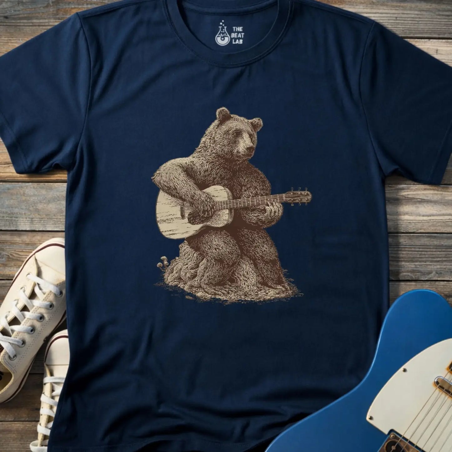 Guitar Bear T-shirt - Navy / S - T-Shirt