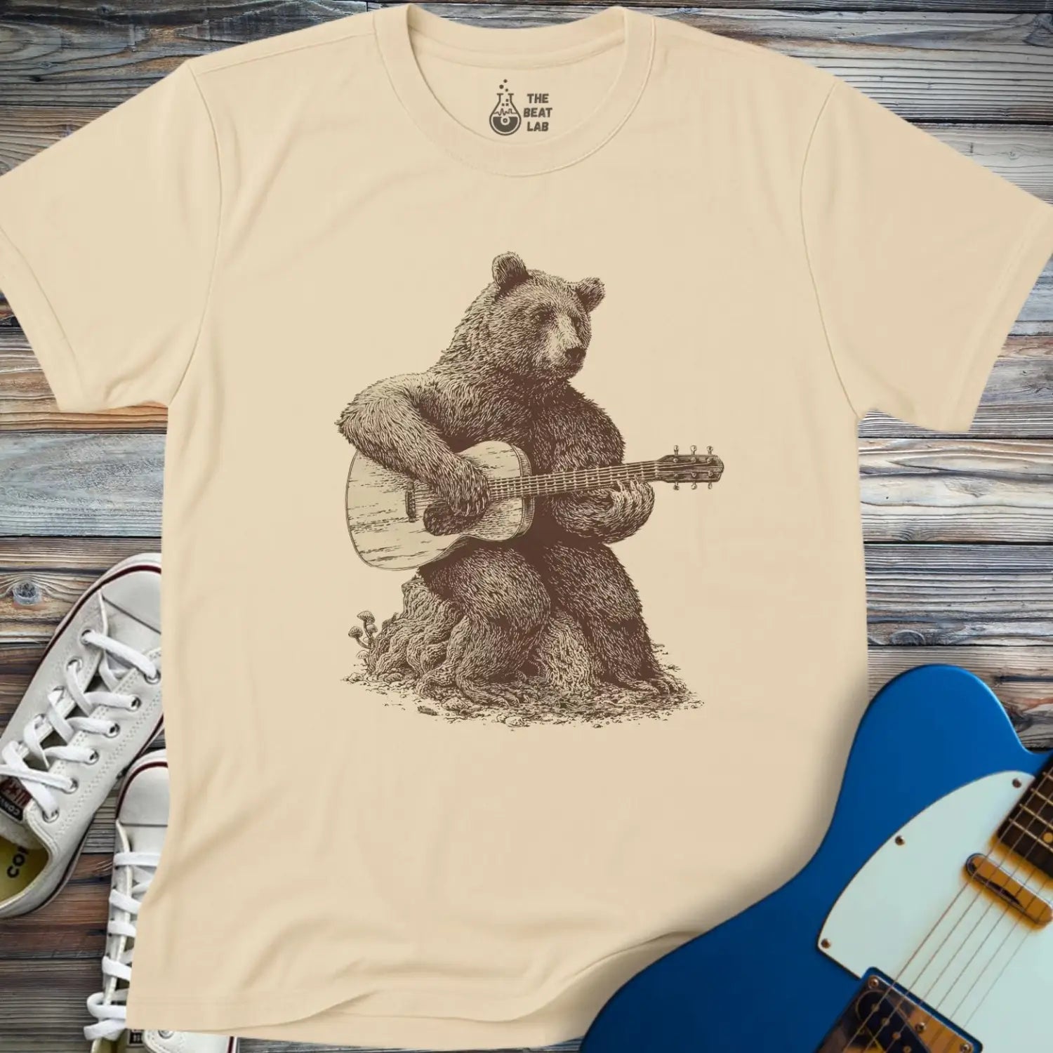 Guitar Bear T-shirt - Sand / S - T-Shirt