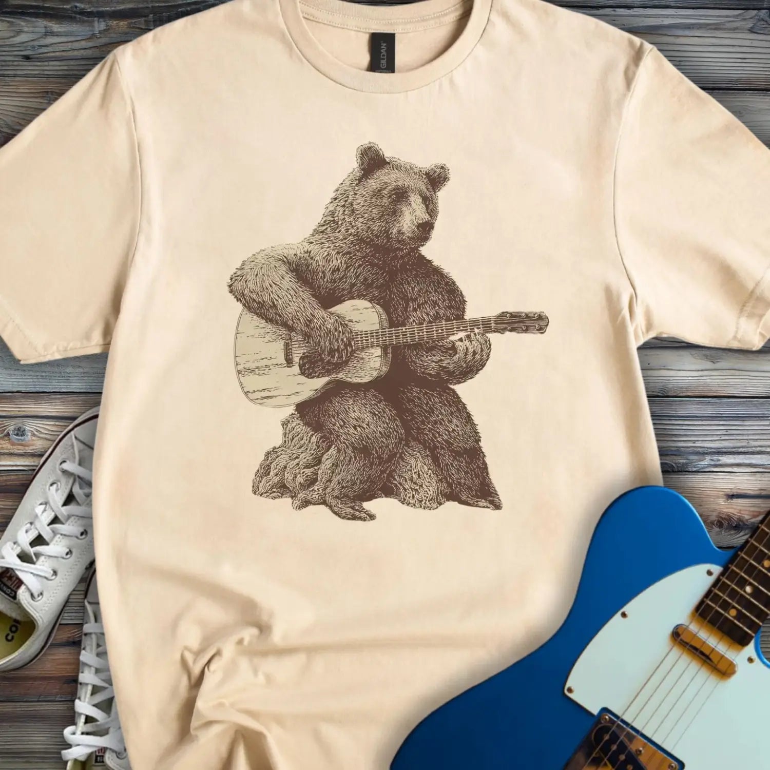 Guitar Bear T-shirt Sand