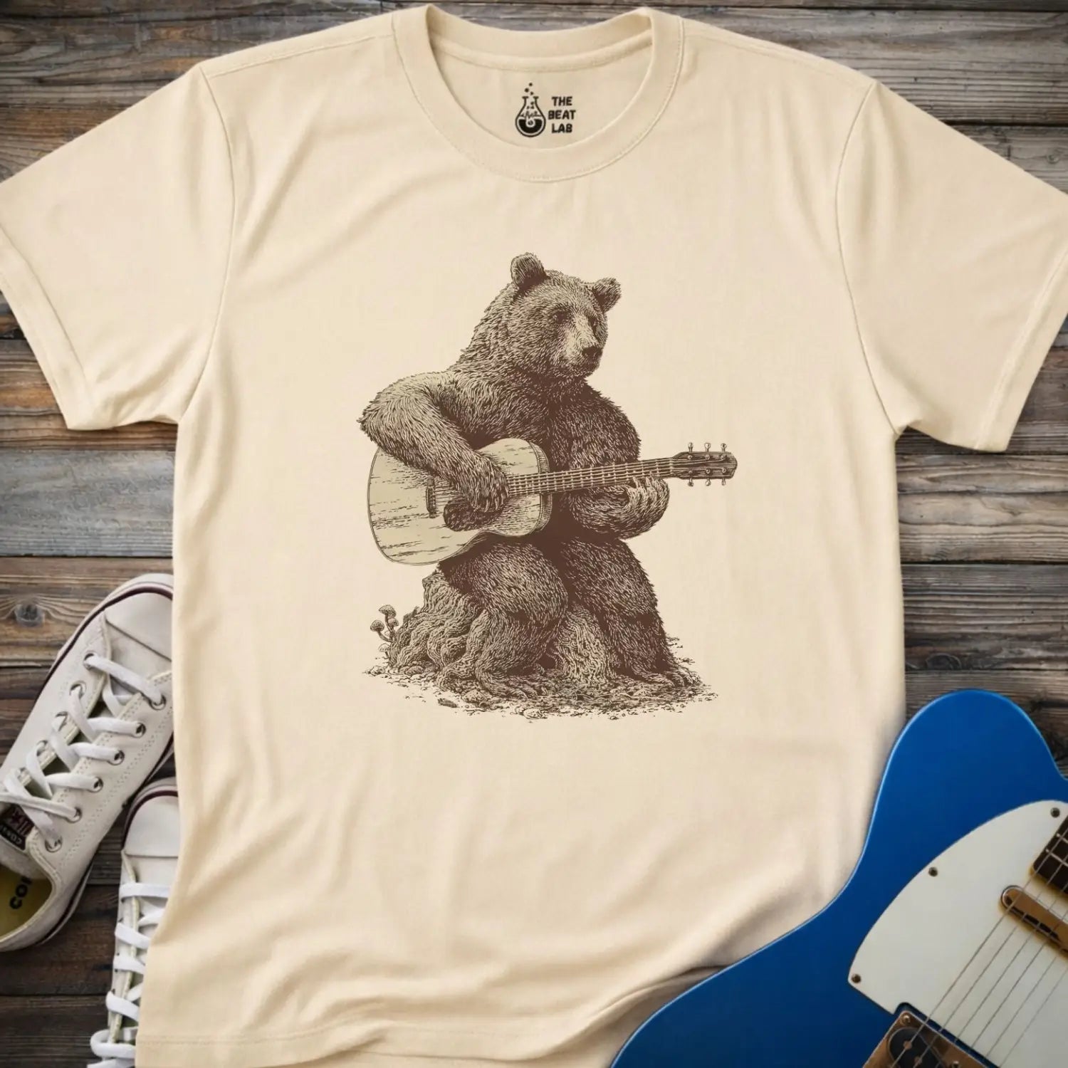 Guitar Bear T-shirt - Sand / S - T-Shirt