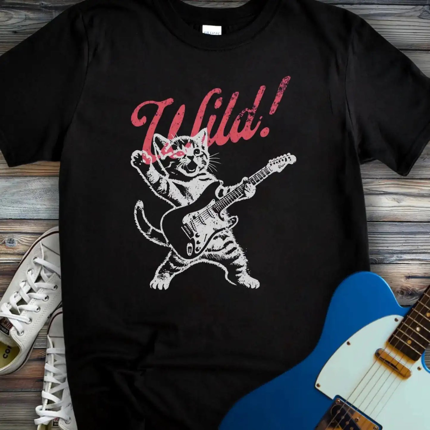 Guitar Cat Wild T-shirt Black