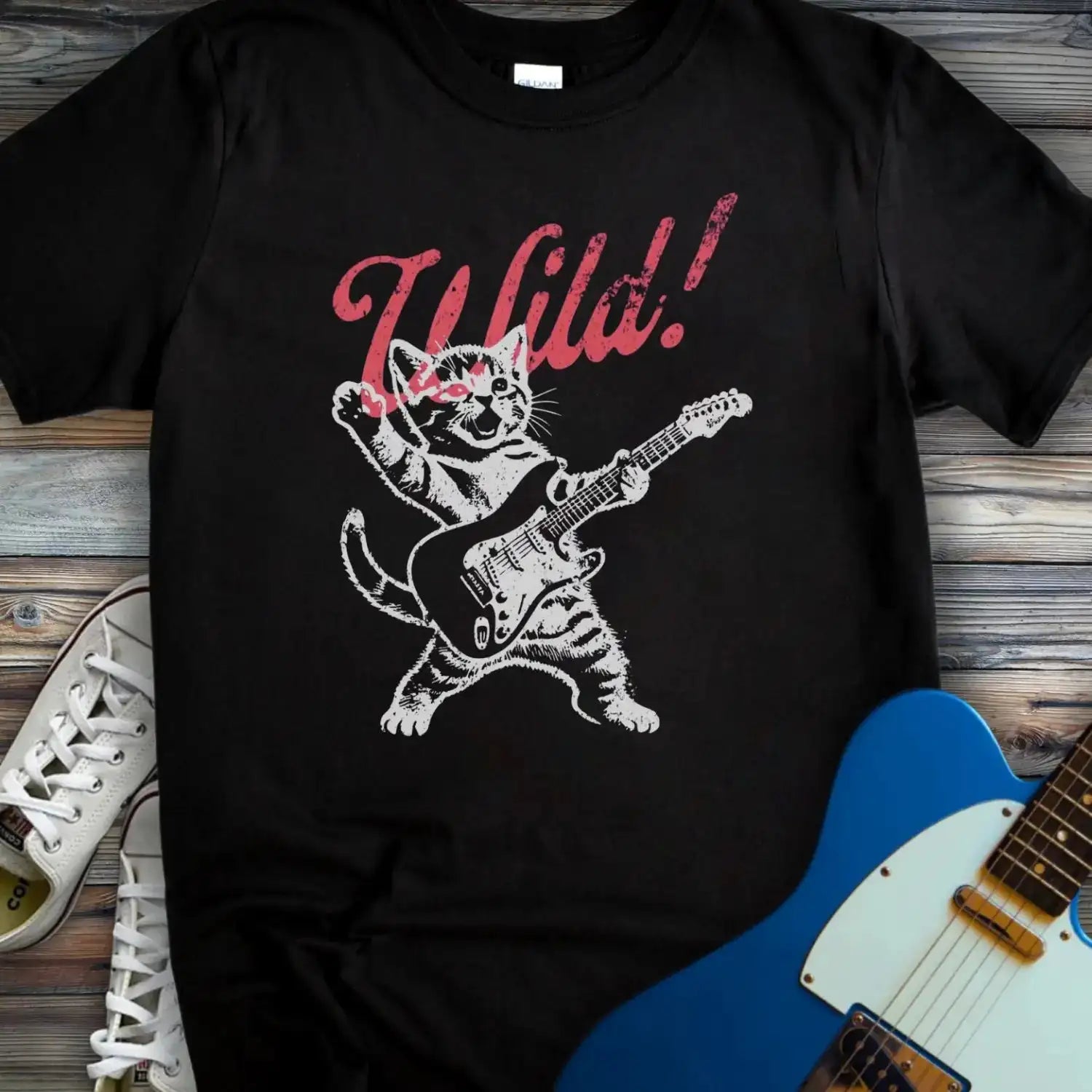 Guitar Cat Wild T-shirt Black
