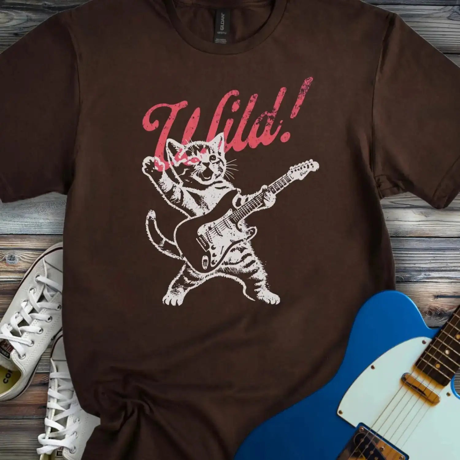 Guitar Cat Wild T-shirt Dark Chocolate