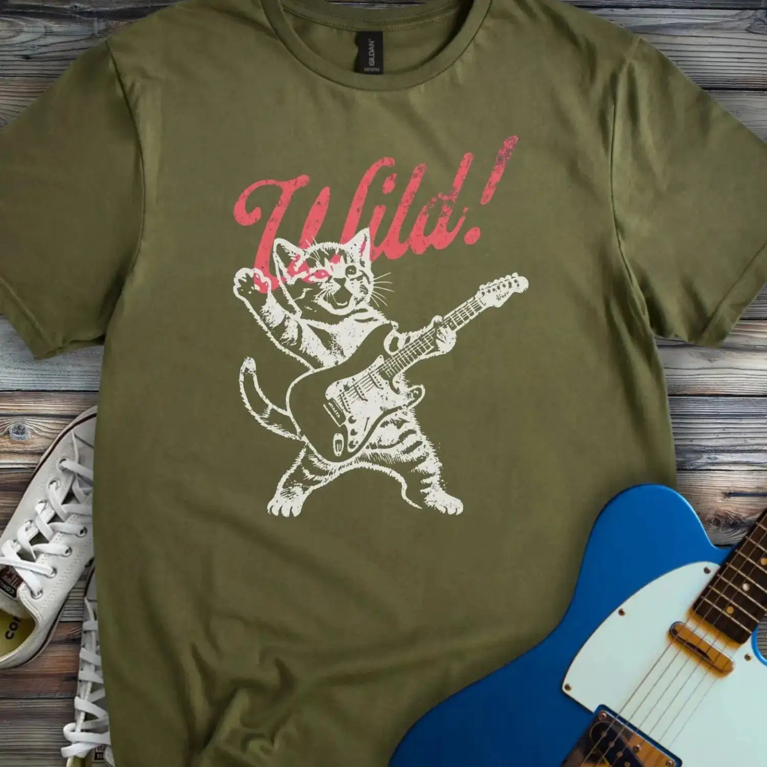 Guitar Cat Wild T-shirt Military Green