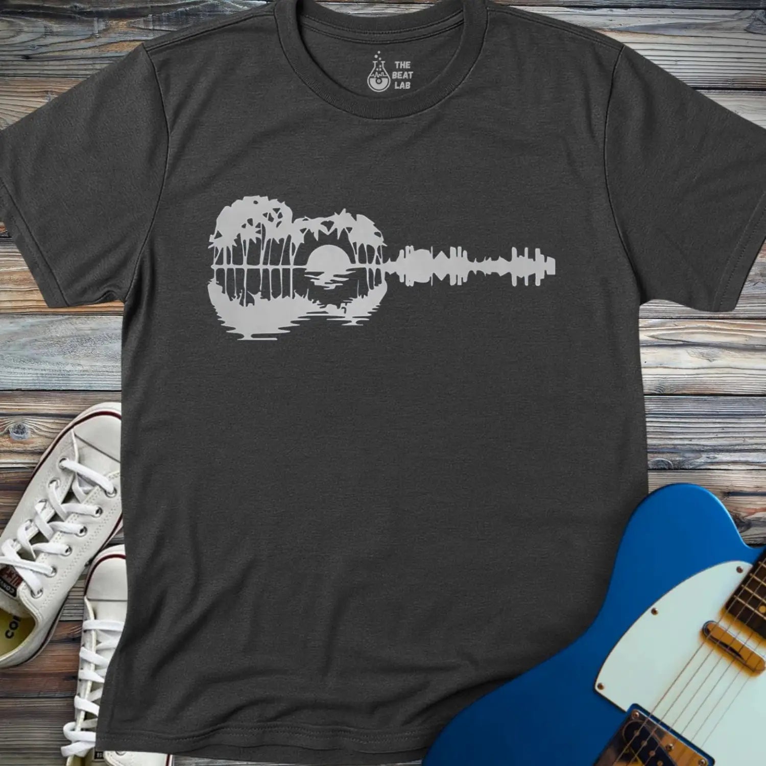 Guitar Island Paradise T-shirt - Dark Heather Grey / S - T-Shirt