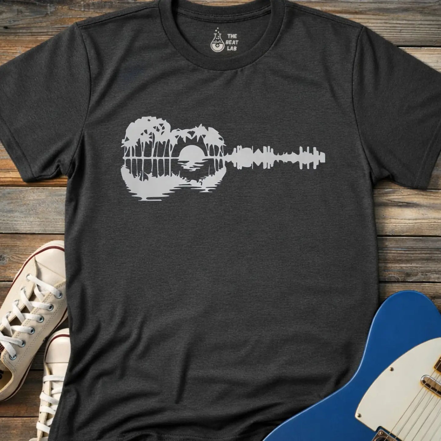 Guitar Island Paradise T-shirt - Dark Heather Grey / S - T-Shirt