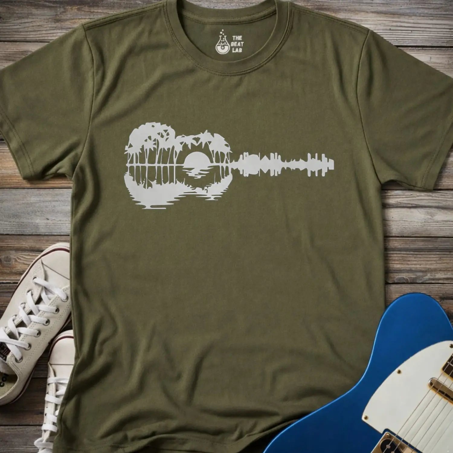 Guitar Island Paradise T-shirt - Military Green / S - T-Shirt
