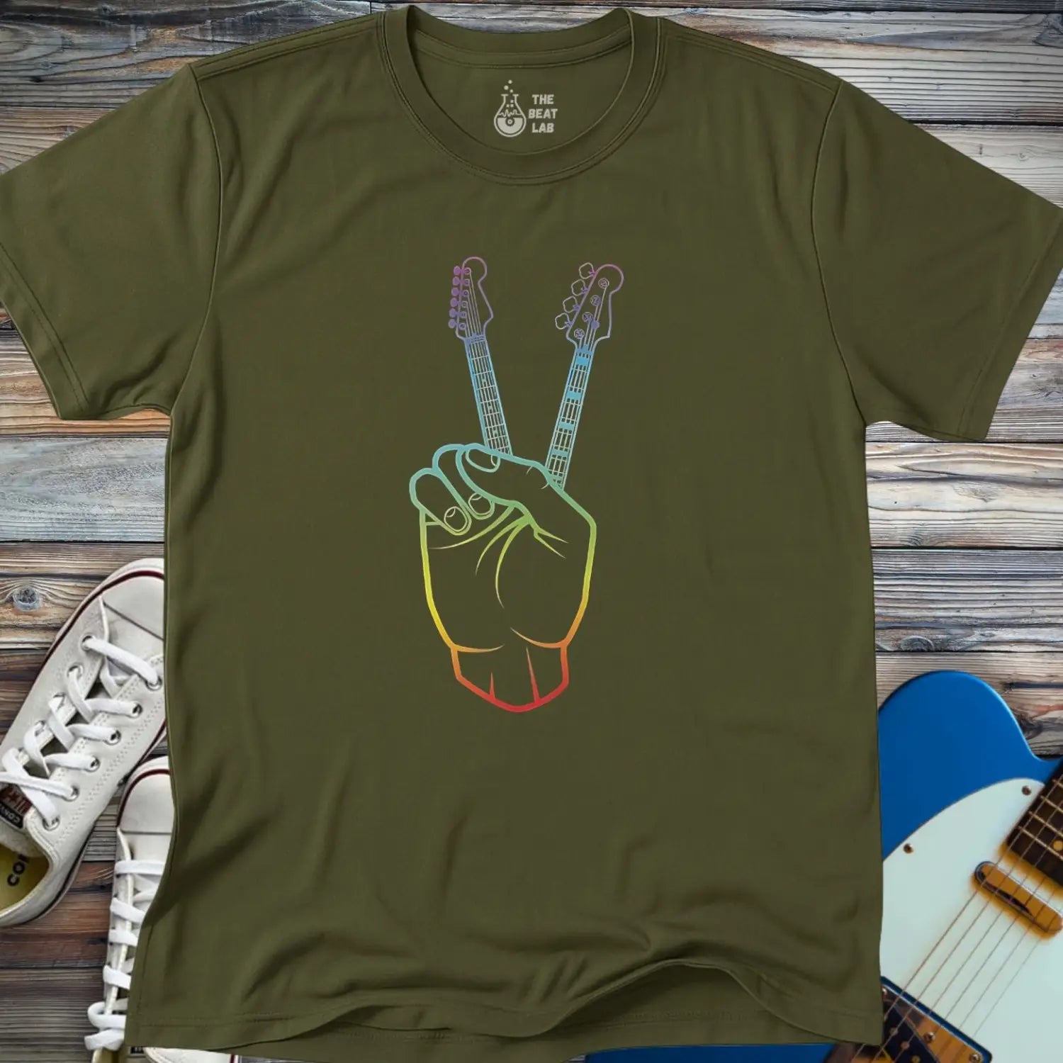 Guitarist Peace Sign T-shirt - Military Green / S - T-Shirt