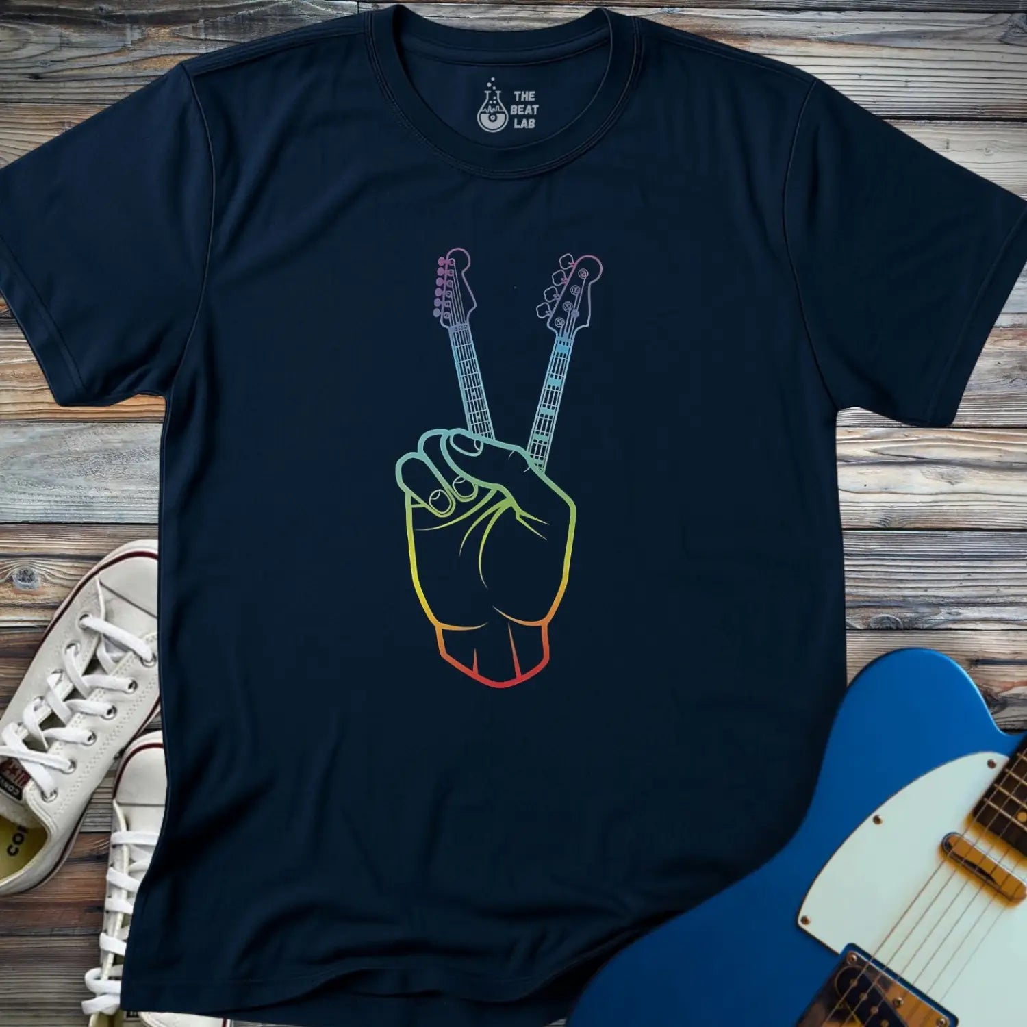 Guitarist Peace Sign T-shirt - Navy / S - T-Shirt