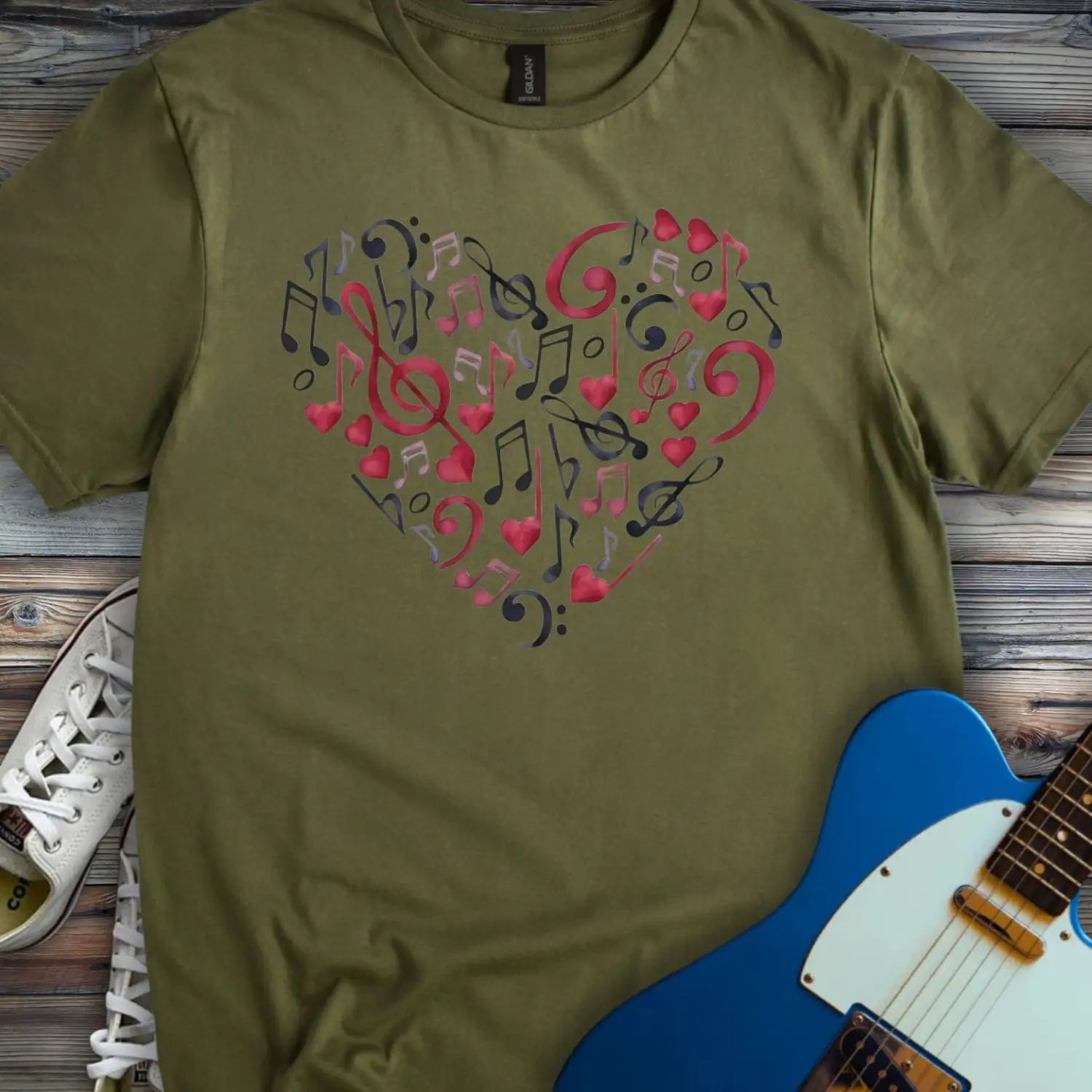 Heart of Musical Notes T-shirt - Military Green / S - T-Shirt