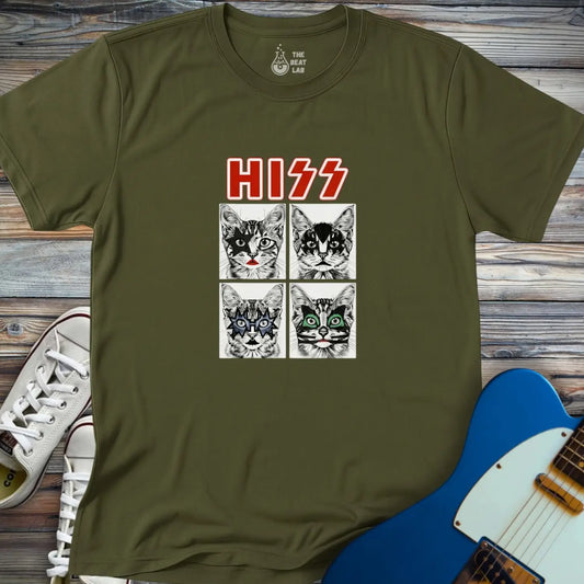 Olive green Hiss T-shirt featuring four glam rock cats with starry face paint and lightning bolt designs.