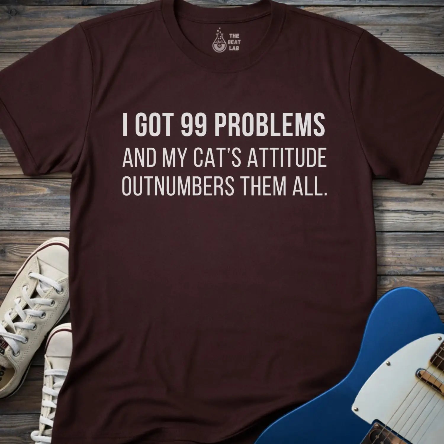 Dark chocolate color gildan 64000 unisex music shirt featuring jay z funny 99 problems graphic text "I got 99 problems and my cat’s attitude outnumbers them all".