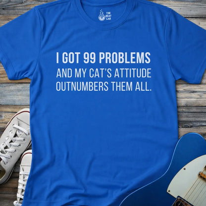 Royal blue color gildan 64000 unisex music shirt featuring jay z funny 99 problems graphic text "I got 99 problems and my cat’s attitude outnumbers them all".