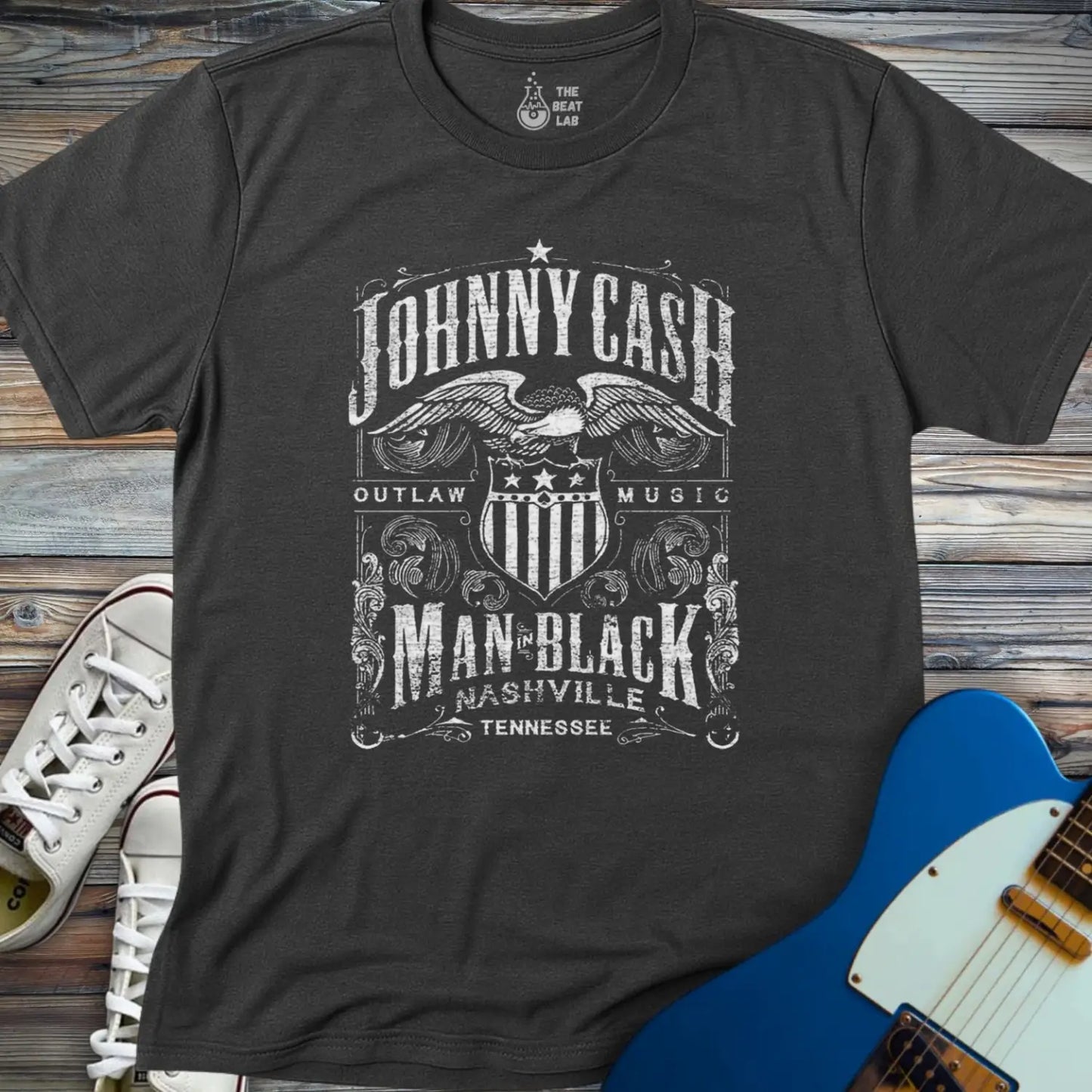 Johnny Cash Man in Black T-shirt - Dark Heather Grey / S - T-Shirt