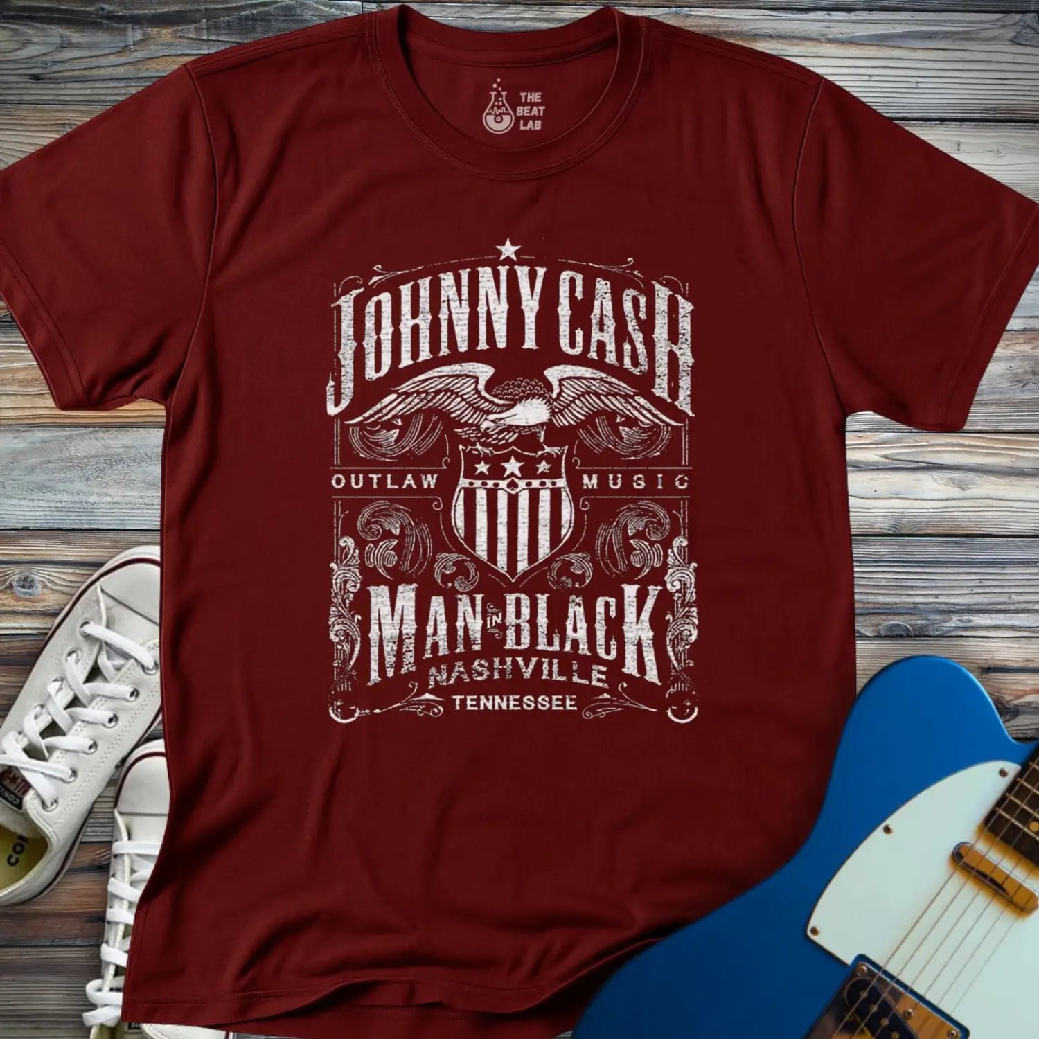 Johnny Cash Man in Black T-shirt - Maroon / S - T-Shirt