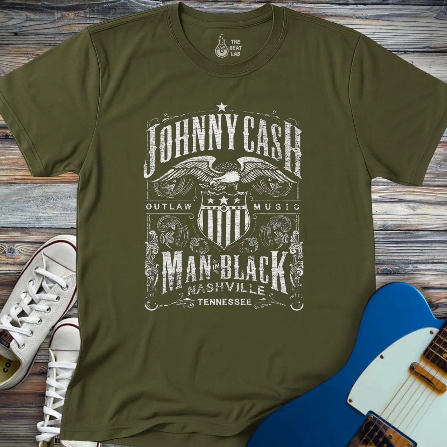 Johnny Cash Man in Black T-shirt - Military Green / S - T-Shirt