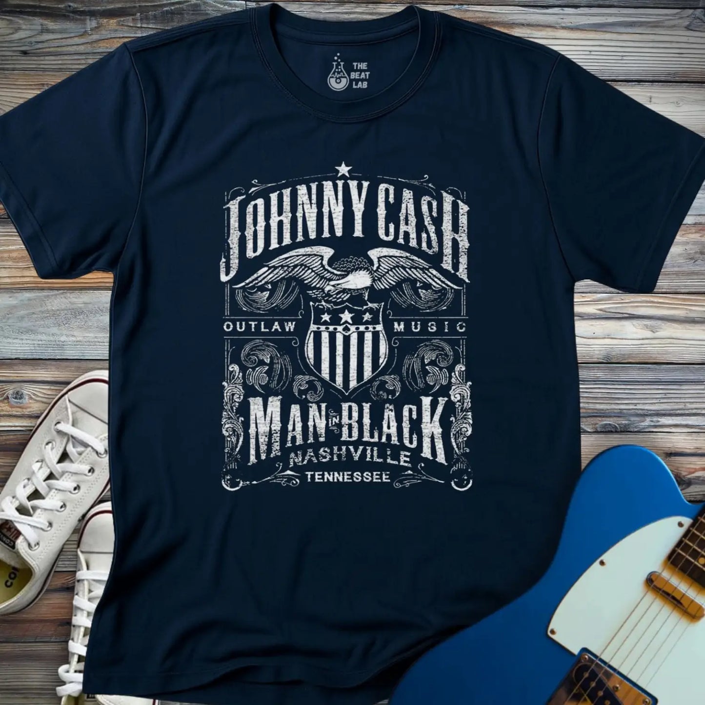 Johnny Cash Man in Black T-shirt - Navy / S - T-Shirt