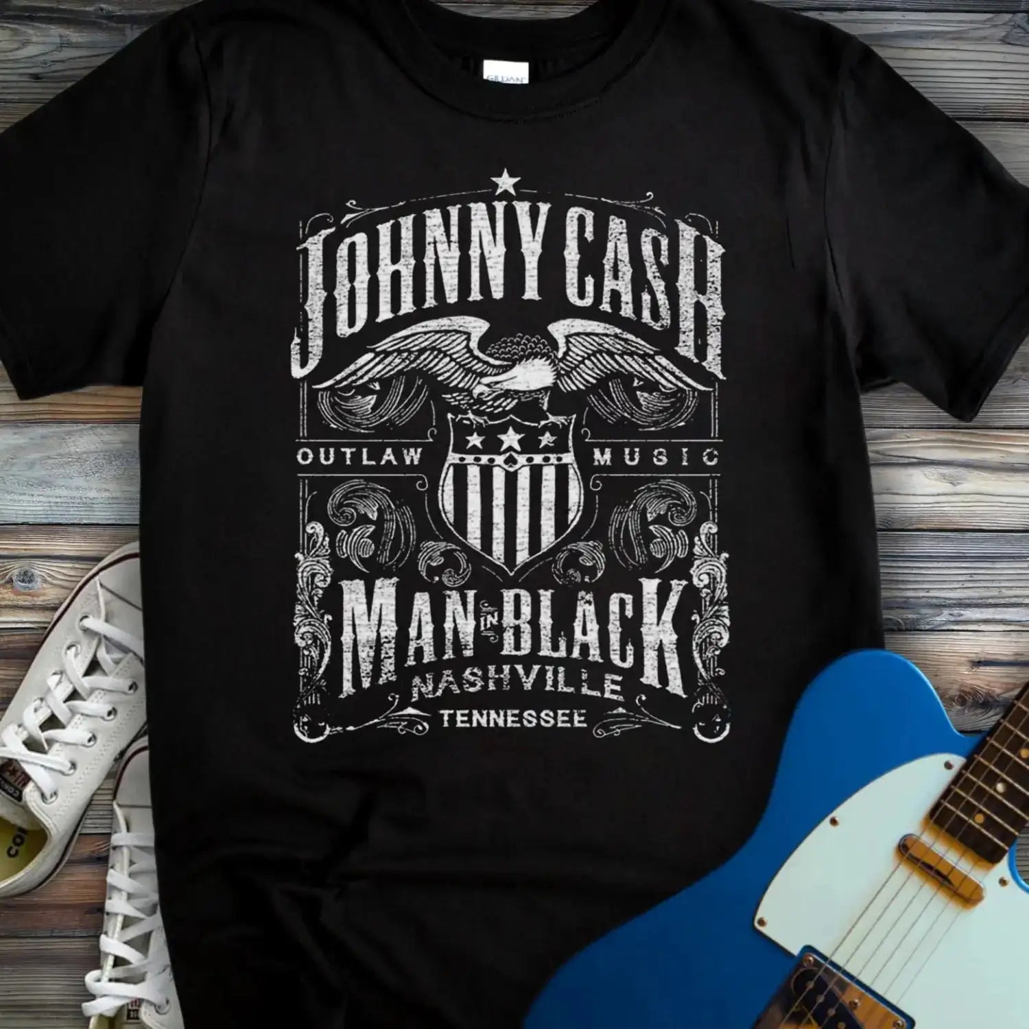 Johnny Cash Man in Black T-shirt Black